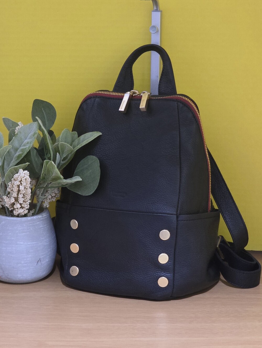 Hammitt Black Leather Medium Backpack with Gold Accents